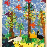 Acrylic painting of colorful fall forest scene with horses, geese, and birds in the sky.
