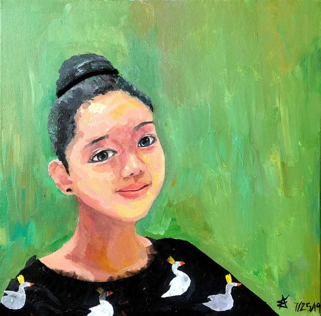An acrylic painting of a smiling girl.