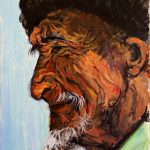 An acrylic painting of a wrinkled old man’s side profile.