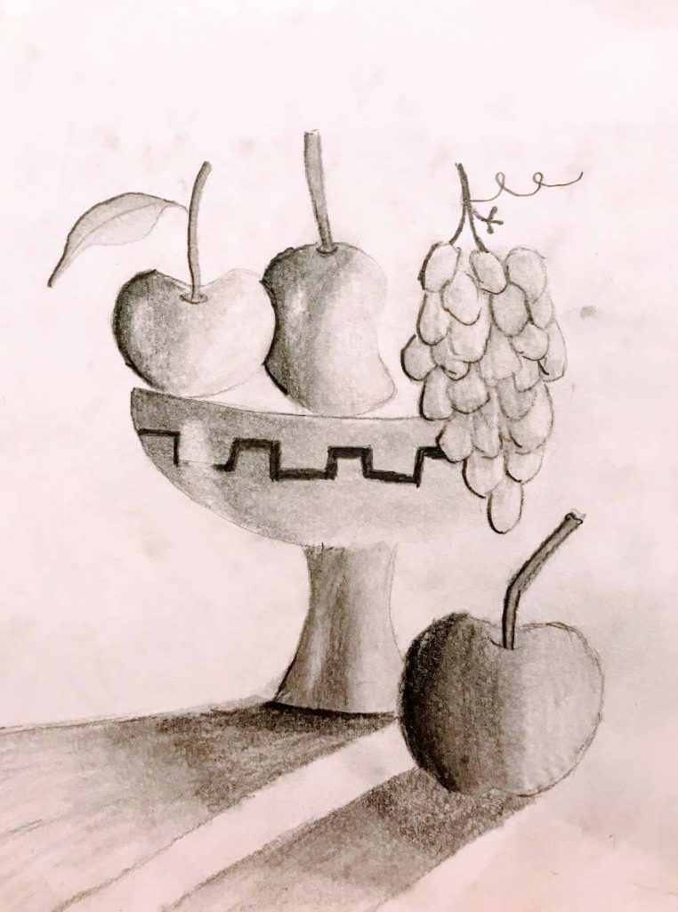 A pencil drawing of a fruit basket.