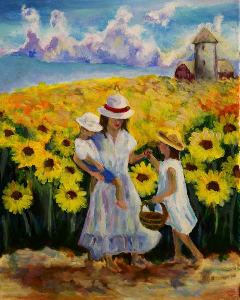 An acrylic painting of a family in a field of sunflowers.