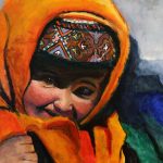 An acrylic painting of a girl wearing an orange headscarf.