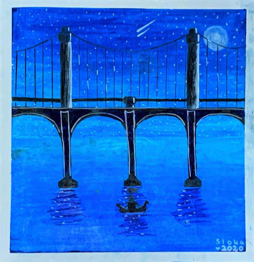 An oil pastel drawing of a bridge at night.