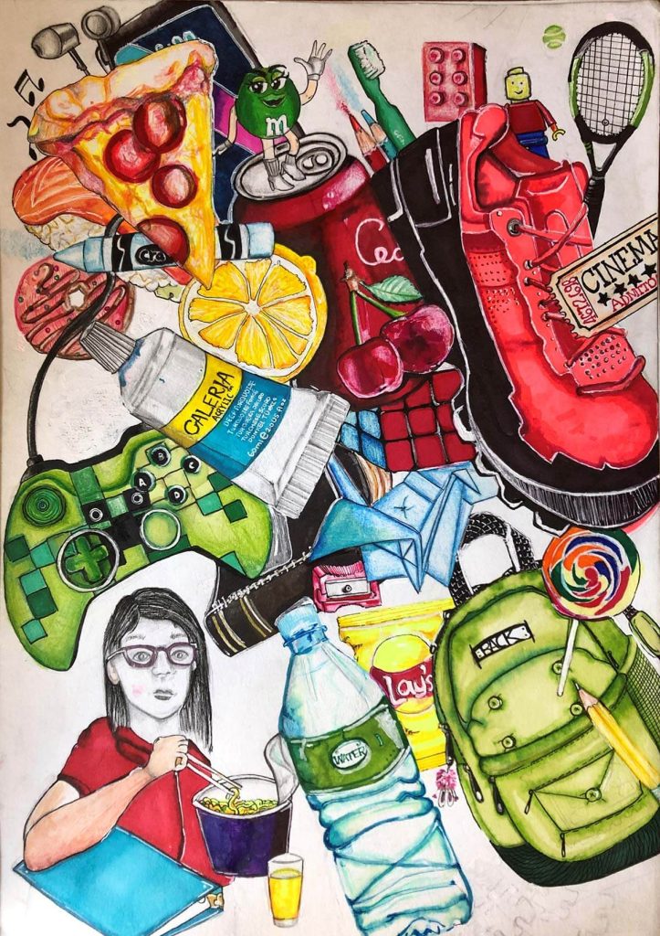A felt drawing of assorted objects, such as a shoe and a slice of pizza, jumbled together on the page.