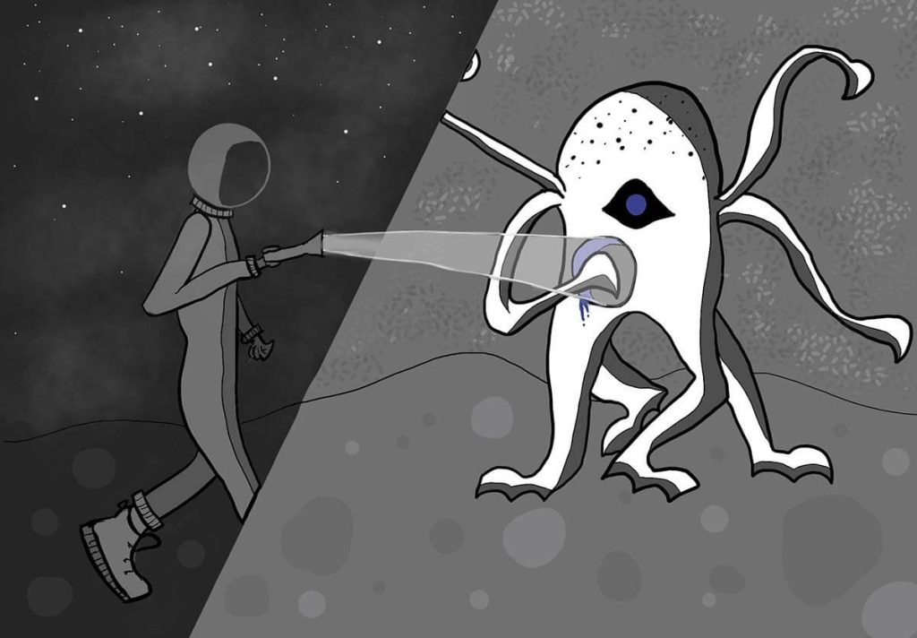 Digital illustration of astronaut shining a light on an alien creature.