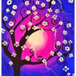 An oil painting of blossoming tree at sunset.