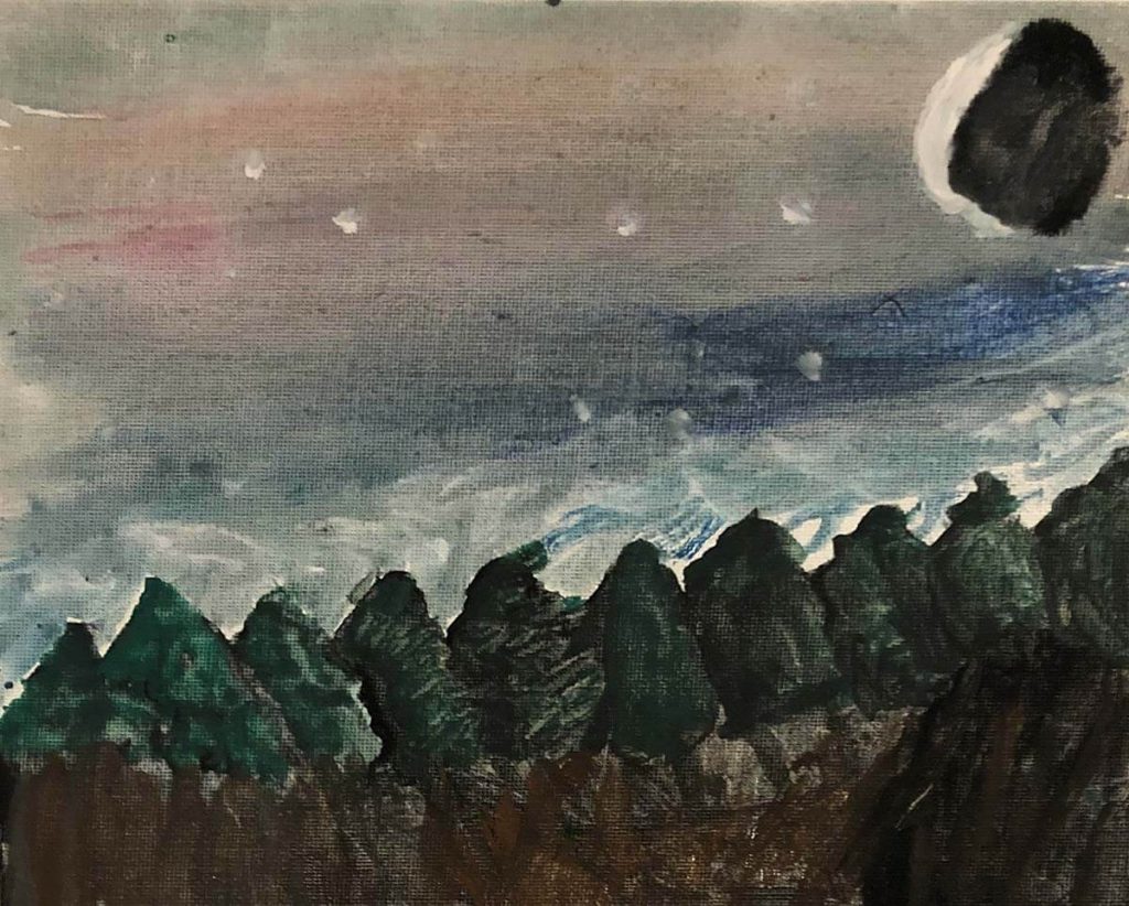 A watercolour painting of a forest at night.