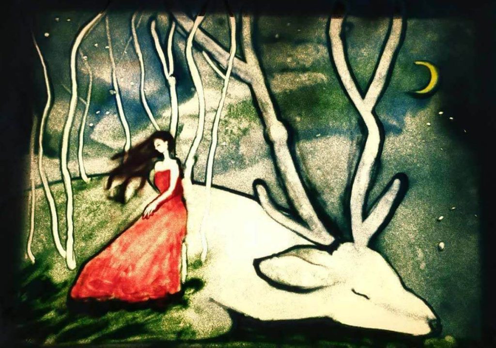 Painting of a woman in red dress leaning on giant resting deer.