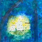 An acrylic painting of fireflies escaping two jars.