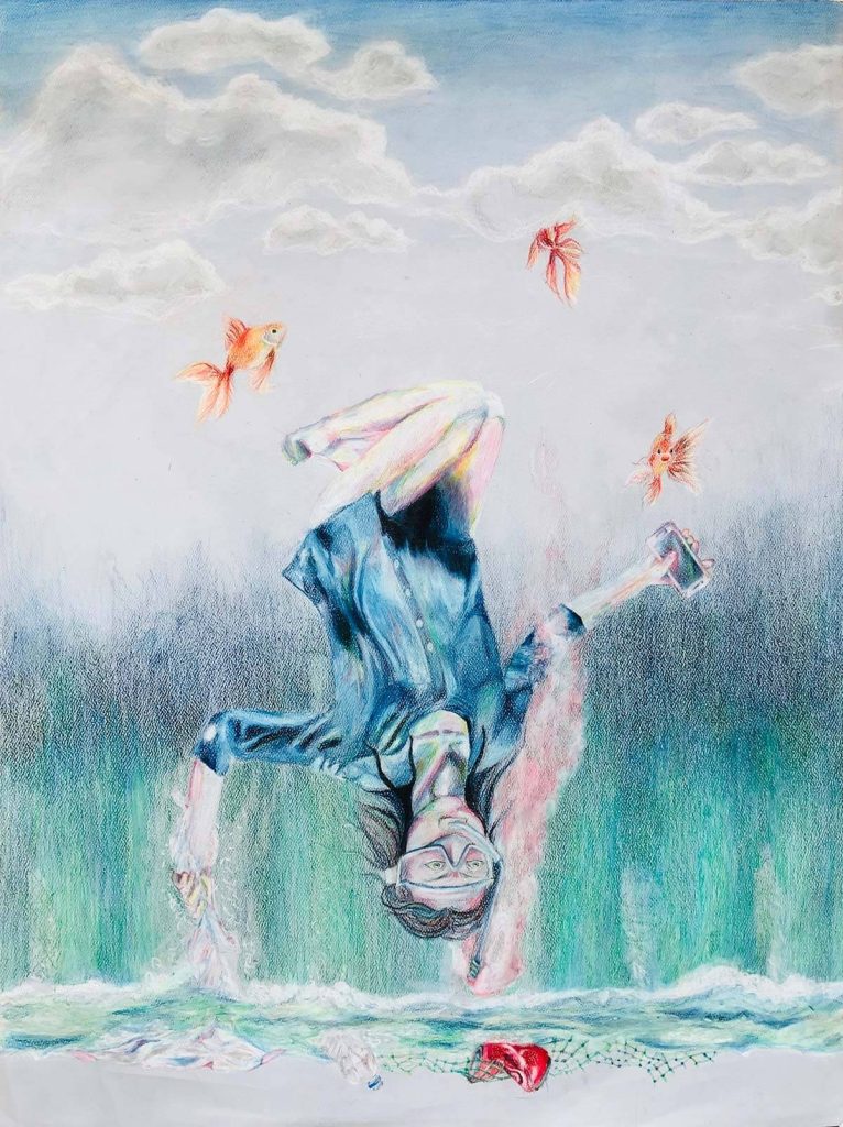 Colored pencil drawing of a girl upside down swimming in the air