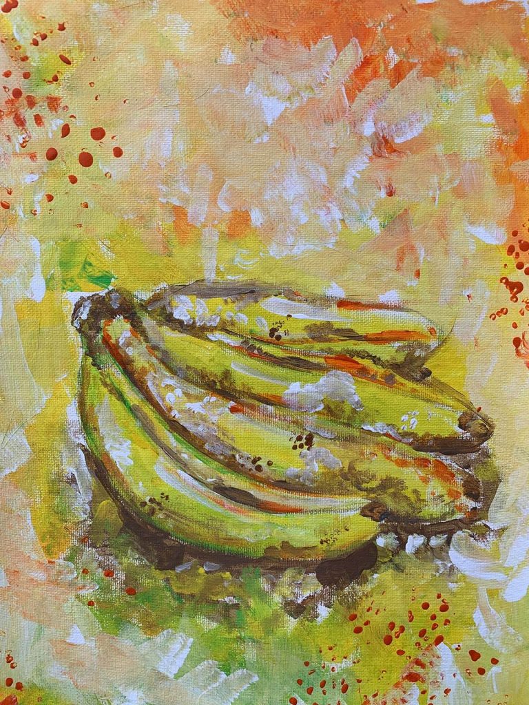 An acrylic painting of a bunch of bananas.
