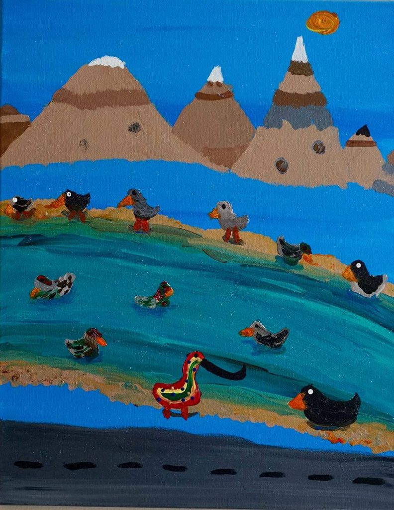 Acrylic painting of different birds at a river beside a road and mountains