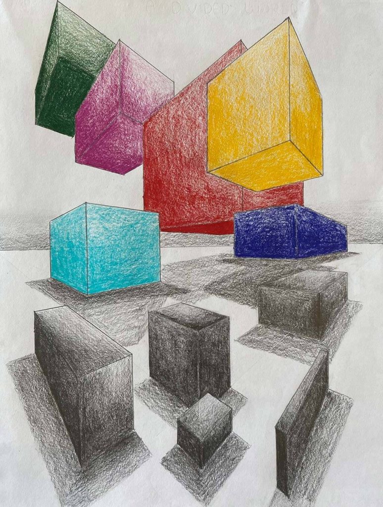 Colored pencil drawing of multicolored floating boxes above grey boxes