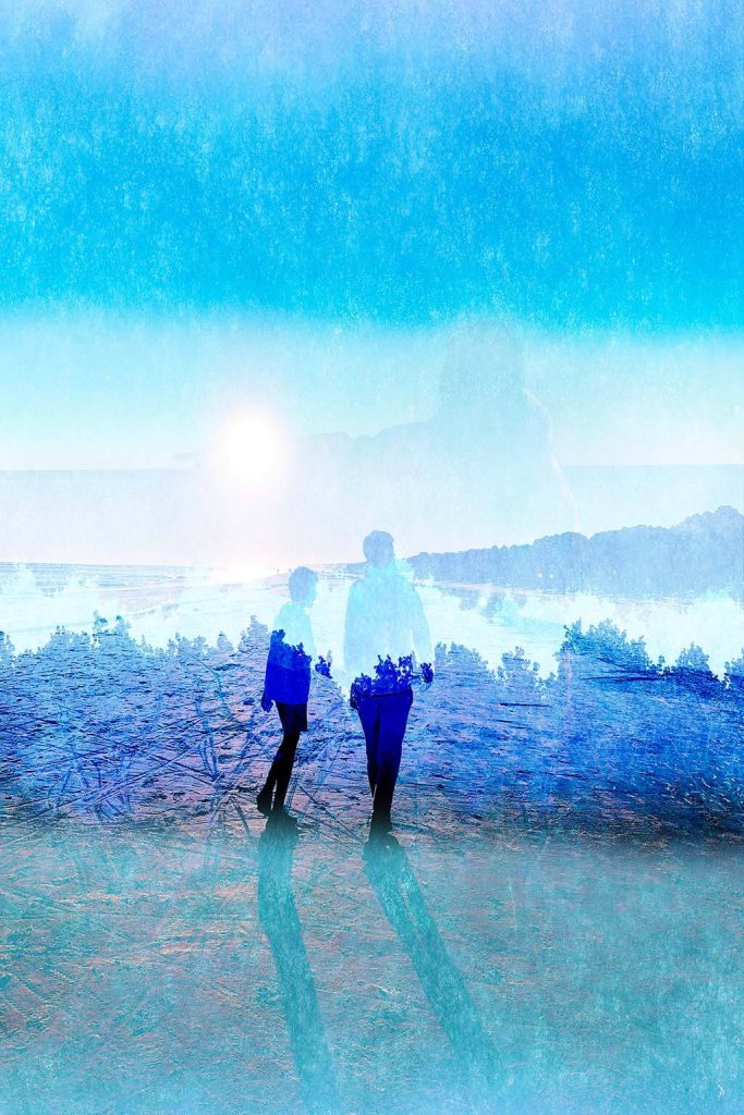 Photograph of two figures against a blue backdrop of a forest